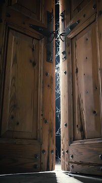 An ancient, creaking wooden door eerily swings open on its own, revealing a dark, cobweb-laden, mysterious hallway.