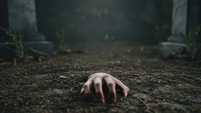 Emerging from the Earth: A Gruesome Hand Reaches Out from the Ground, Surrounded by an Ominous, Foggy Atmosphere in a Dimly Lit Graveyard Setting