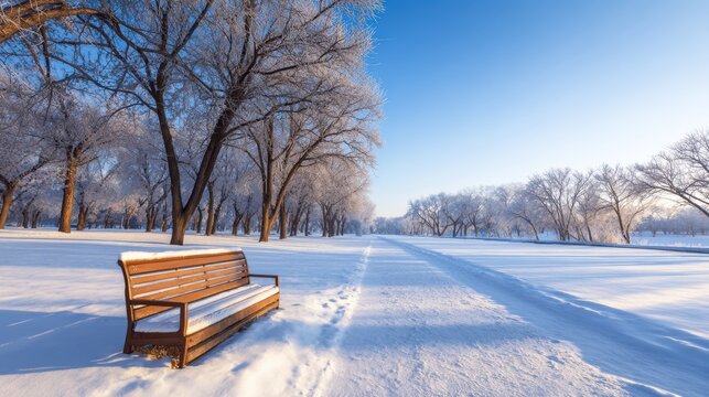Serene winter landscape with a snow-covered bench in a tranquil park surrounded by frosty trees