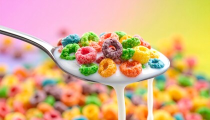 Close-Up of Cereal and Milk on Spoon