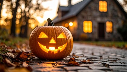 A carved Halloween pumpkin, glowing with a spooky smile, sits on a dark background for the autumn celebration