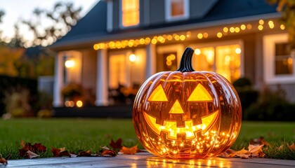 Spooky carved pumpkin jack-o-lanterns with glowing faces light up the dark autumn night