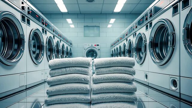 Large industrial laundry room interior with multiple washing machines, folded towels, and bright white lighting