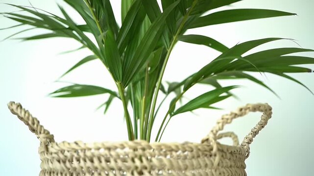 Vibrant Green Palm Leaves in a Rustic Woven Basket on White Background