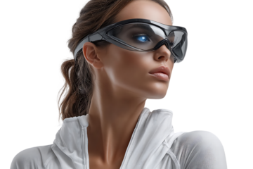 Futuristic woman with glowing blue eyes and visor, perfect for technology and innovation concepts