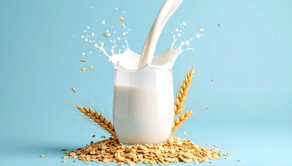 Oat Milk Pouring into Glass with Oats on Light Blue Background