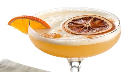 Whiskey sour cocktail with orange wheel garnish isolated on white background. AI GENERATED.
