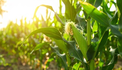 A verdant cornfield thrives under the summer sun, its green leaves and stalks promising a bountiful harvest