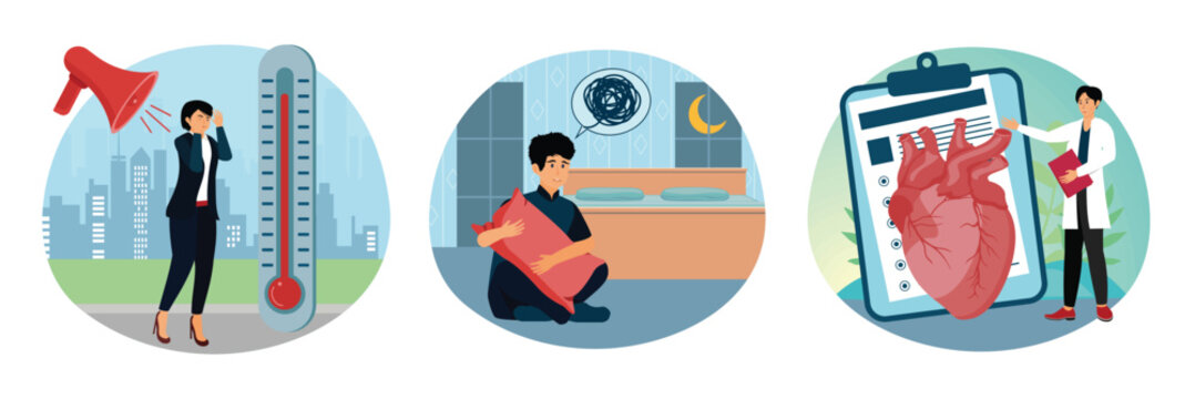 Urban Heat Stress and Noise Pollution Depicted. Sleep disturbances. Hypertension.