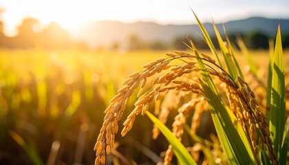A sun-drenched golden rice field stands ripe for harvest against a brilliant blue summer sky