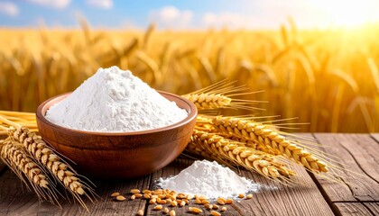 Brown and white wheat grains with flour in a wooden bowl for organic food