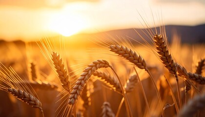 A vast golden field of ripe wheat under a brilliant blue sky at sunset