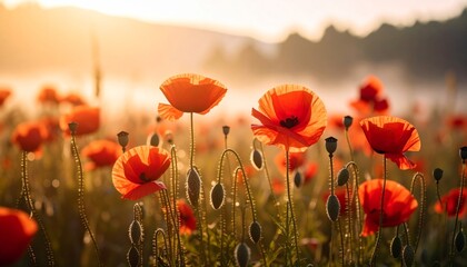A breathtaking summer landscape of red poppies blooming in a beautiful field under a vibrant sky