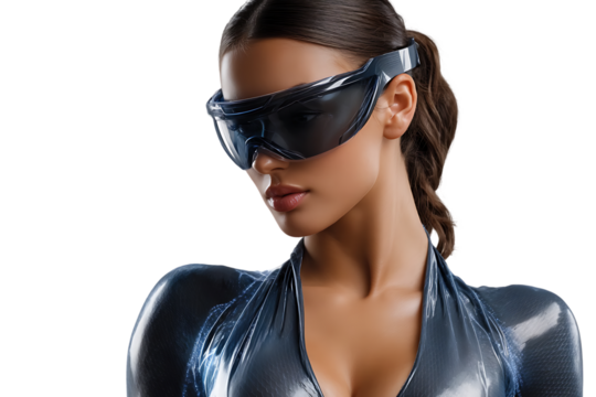 Futuristic woman in sleek metallic suit and cyber goggles, exuding power and innovation.
