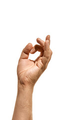 Male hand with thumb touching middle finger isolated on white background. Concept of sign language,...