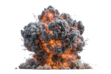 A large explosion, with billowing grey smoke and orange flames erupting outward