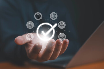 Hand shows sign of top service Quality assurance, Guarantee, Standards, ISO certification and standardization concept, satisfaction, service experience, show the standards of products and services.	
