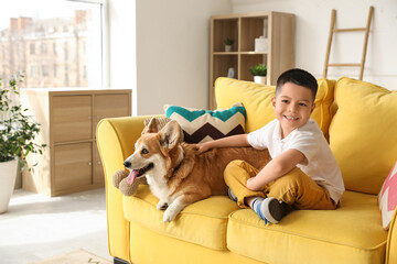 Little happy Asian boy with cute Corgi dog sitting on sofa at home
