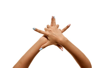 Two hands intertwined with fingers extended upward isolated on white. Concept of social media post...