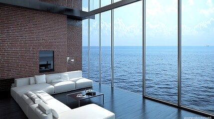 Modern Living Room with Sea View with Minimalist Decor, Bright  Airy, and Coastal Home.