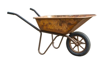 Rusted metal wheelbarrow on a white background.