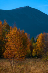 autumn landscape. view of Krkonose mountains and peak of Mount Snezka. Karpacz, Poland