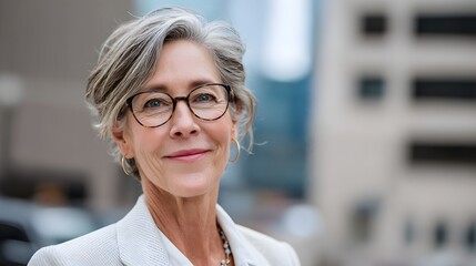 A woman wearing glasses and a white jacket is smiling