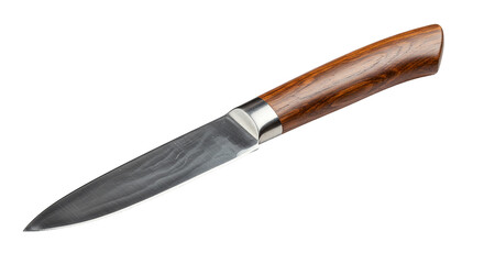 Elegant damascus steel knife with polished wooden handle detailed close-up studio shot transparent background PNG, Realistic