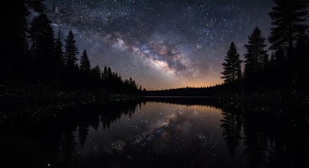 A serene lake reflects the milky way galaxy framed by silhouetted trees under a starry night sky