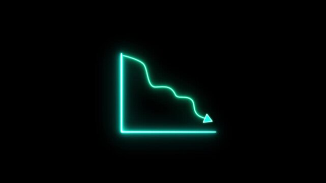 Abstract neon business graph icon animation. Neon business graph chart with growing business concept loss. loss, Business down icon. Growing neon cyan business graph on black background. 4k