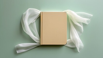 A closed beige hardcover book is artfully draped with flowing sheer white fabric on a soft muted green background