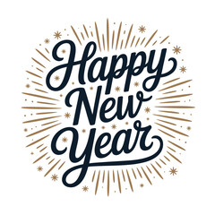 Happy new year hand lettered script inside gold sunburst, confetti ring effect, elegant typography poster, vector illustration card