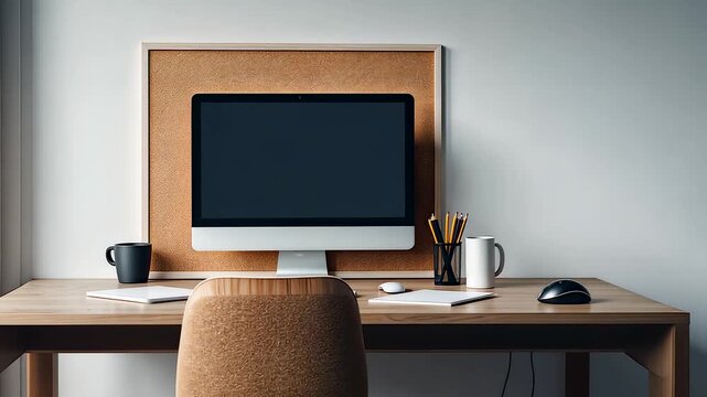 Stylish minimal home office with wooden desk, computer monitor, chair, and stationery in cozy modern interior