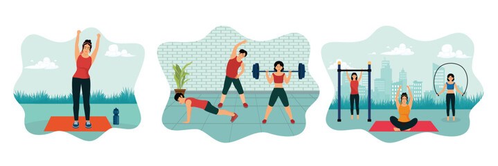 Woman Stretching on Yoga. Healthy and active lifestyle concept. Group of People Exercising.