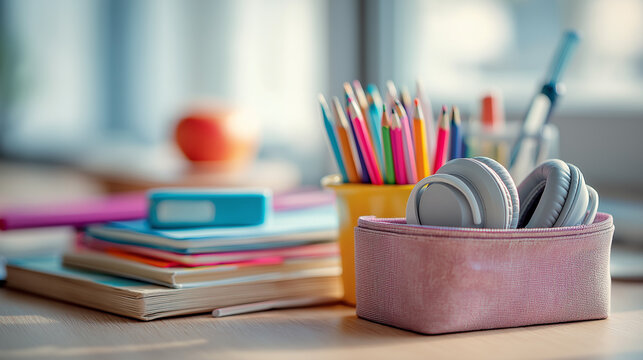 An optimized visual concept for editorial use tidy office space: harmony in organization - neat arangement of essential work tools and stationery.