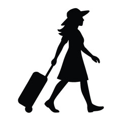 Silhouette of a woman walking with a suitcase, representing travel and vacation.