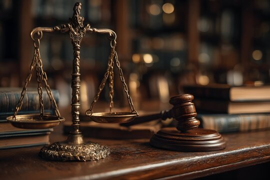 Justice balances truth like brass scales beside a gavel and open law books.