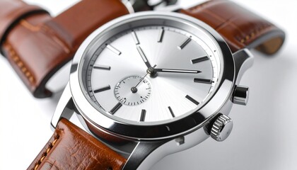 Silver wristwatch with brown leather strap and chronograph dials—refined, timeless, and precise; a visual of elegance, rhythm, and intentional living.