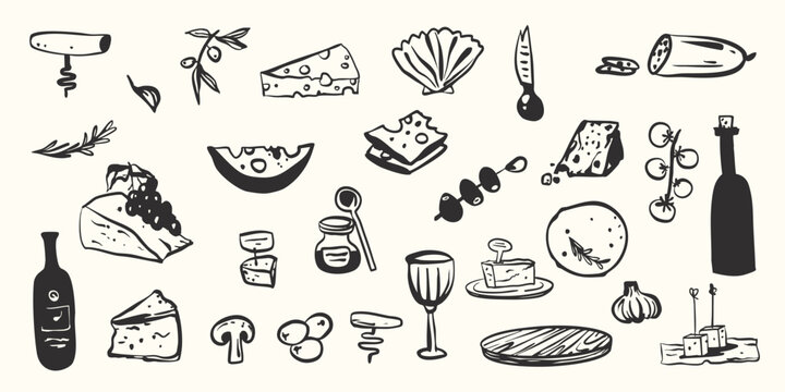 Hand drawn cheese whimsical hand drawn food plate dish set. Italian French menu price list decoration elements in simple minimalist style.