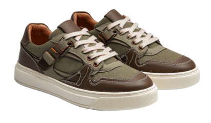 Olive-brown sneakers with cream sole.  Pair of casual shoes in olive green canvas with brown leather accents.  Lace-up style with adjustable straps.  Robust, chunky white sole