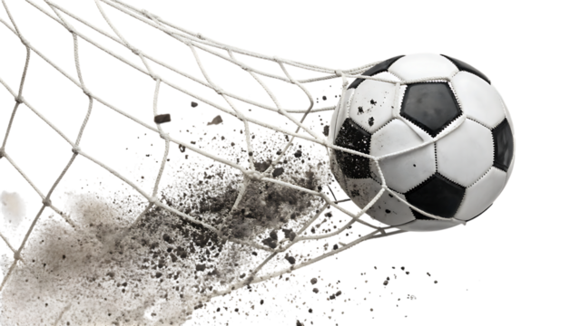 Soccer Ball in Net Mid-Goal – Action Captured, Isolated on Transparent Background, AI Generated
