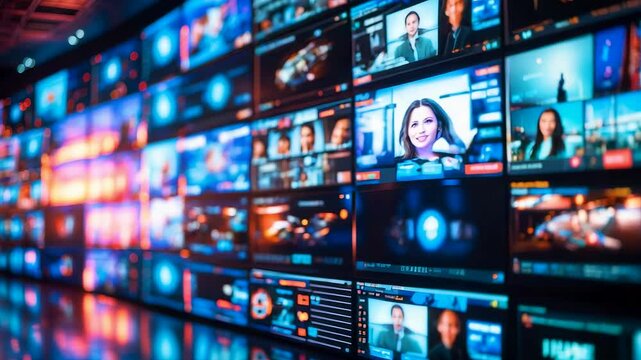 Large digital media wall with multiple glowing screens showing news anchors, broadcasts, and colorful information