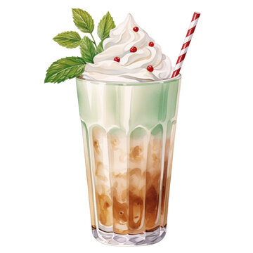 Chocolate mint frappe watercolor style clipart collection, isolated on a transparent background
