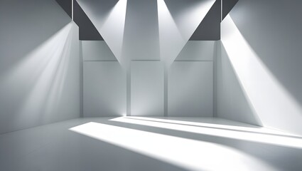 Modern minimalist architectural space with dramatic angled spotlights illuminating a clean white room with geometric shadows