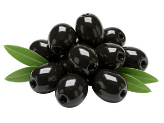 Pile of black olives with green leaves isolated on transparent background