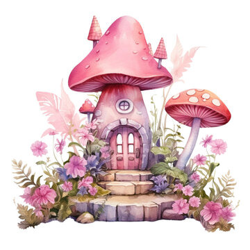 Fancy mushroom house watercolor style clipart collection, isolated on a transparent background