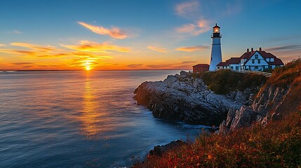 Sunrise over Portland Head Light in Maine with USA  Coastal Landscape  Lighthouse.