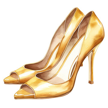 Golden high heels watercolor style clipart collection, isolated on a transparent background