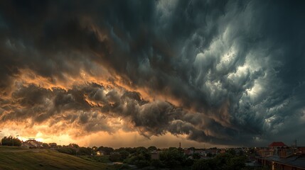 Dramatic storm clouds gather over a serene landscape bathed in golden sunset light