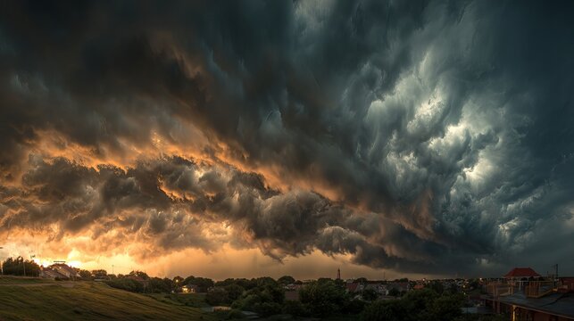 Dramatic storm clouds gather over a serene landscape bathed in golden sunset light
